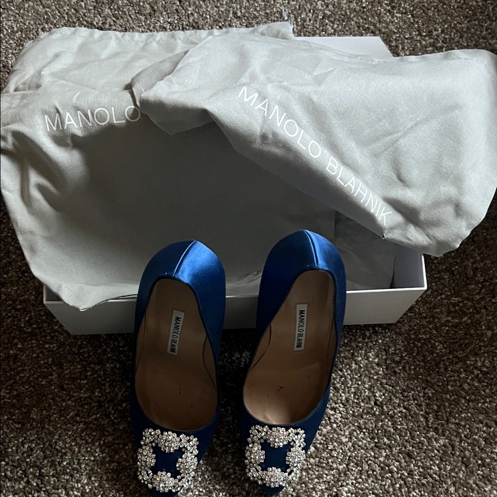 Manolo Blahnik Royal Blue Satin Pointed Toe Pumps with Crystal Buckles - Picture 5 of 7